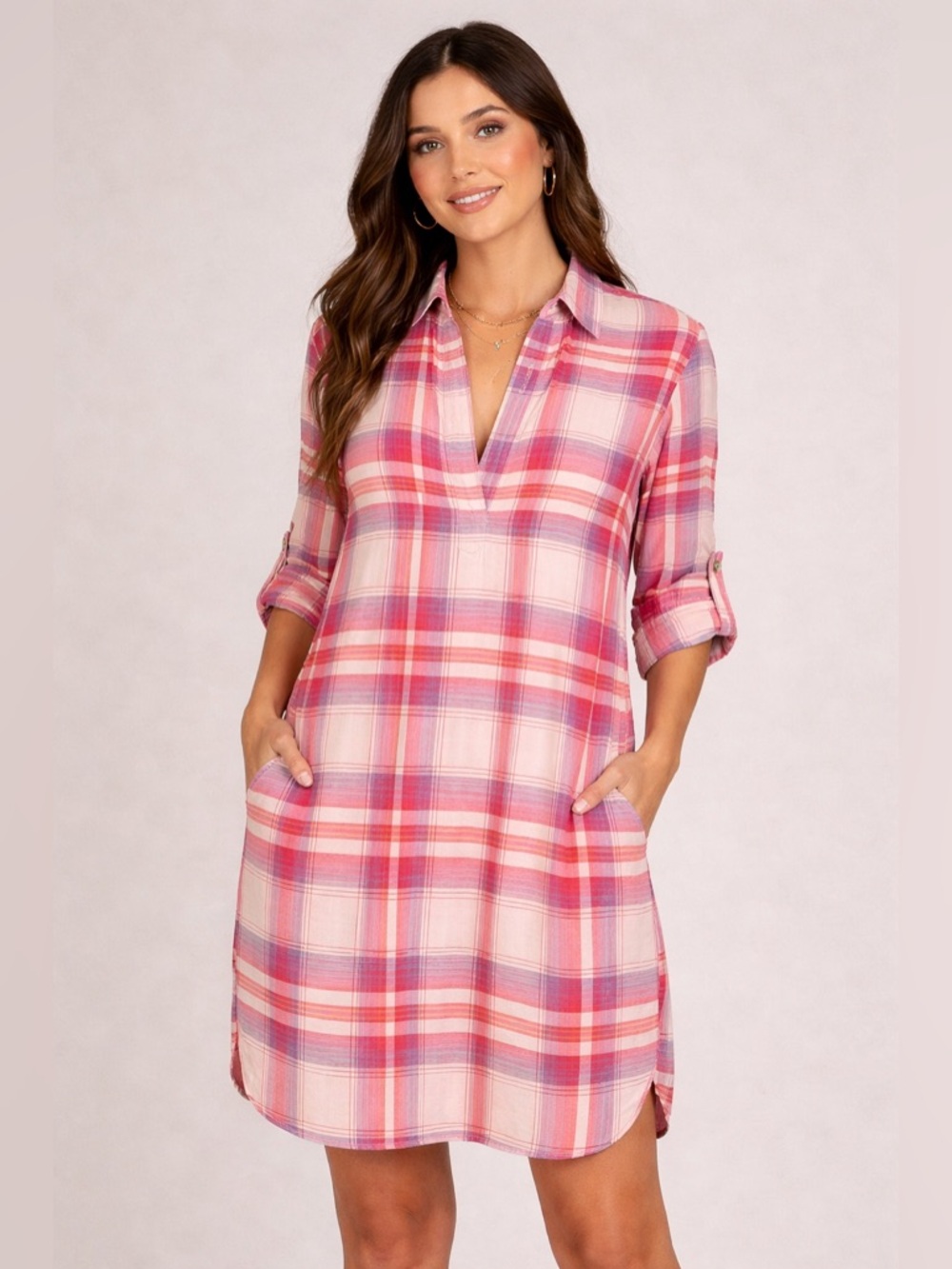 Elan Plaid Shirt Dress M Pink Red Blue Beige Roll Tab Sleeves Pockets